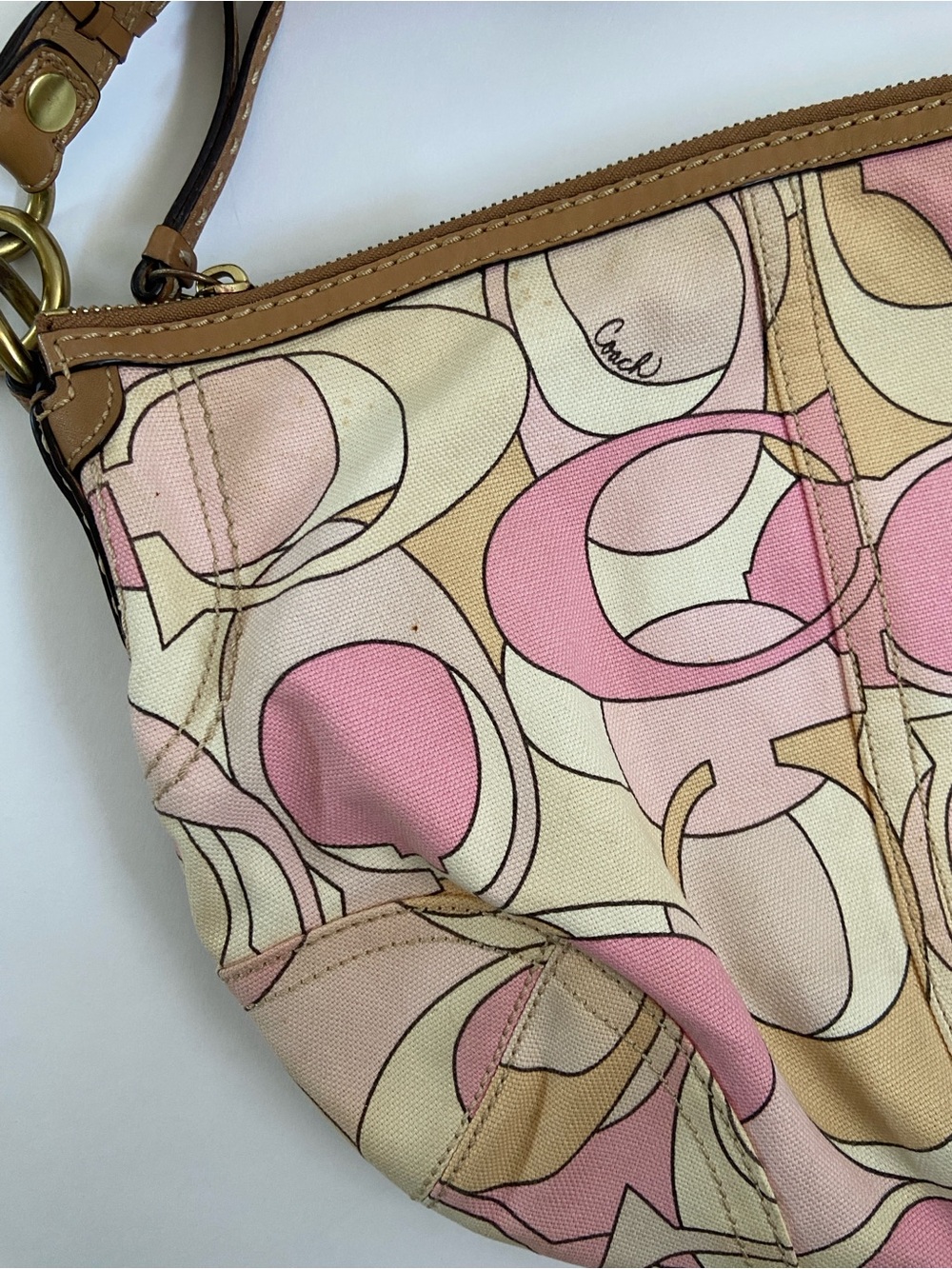 Coach Pink & Tan Signature Optic Print with Braided Handle Hobo Purse - Picture 4 of 9